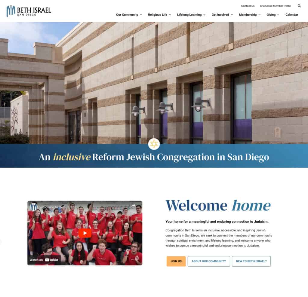 Screenshot of Congregation Beth Israel San Diego website homepage.